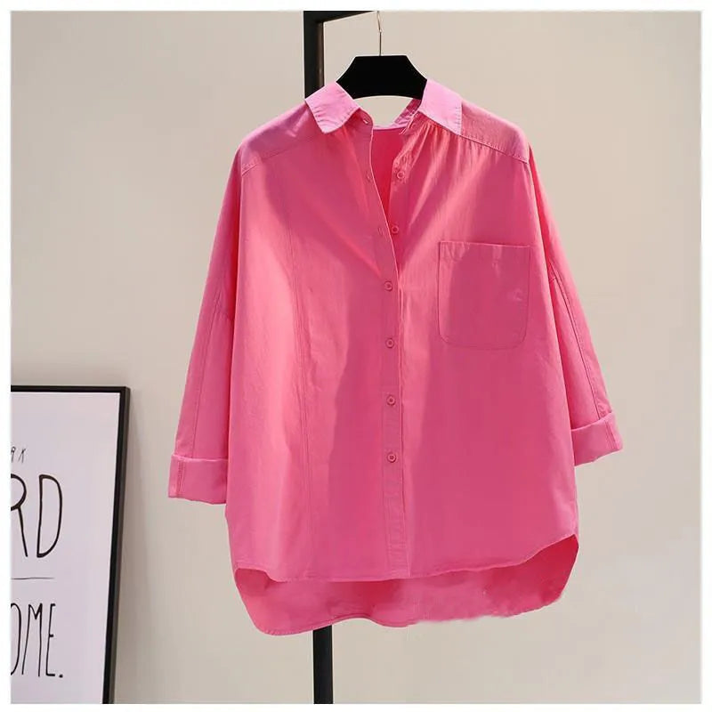 Women's Oversized Pink Casual Button-Down Shirt with Pocket