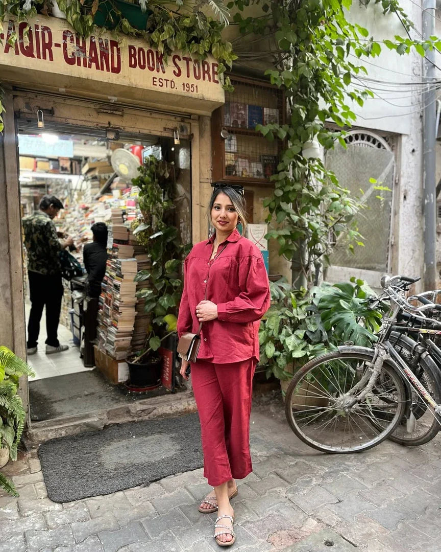 Premium Linen Co-ord Set in Maroon