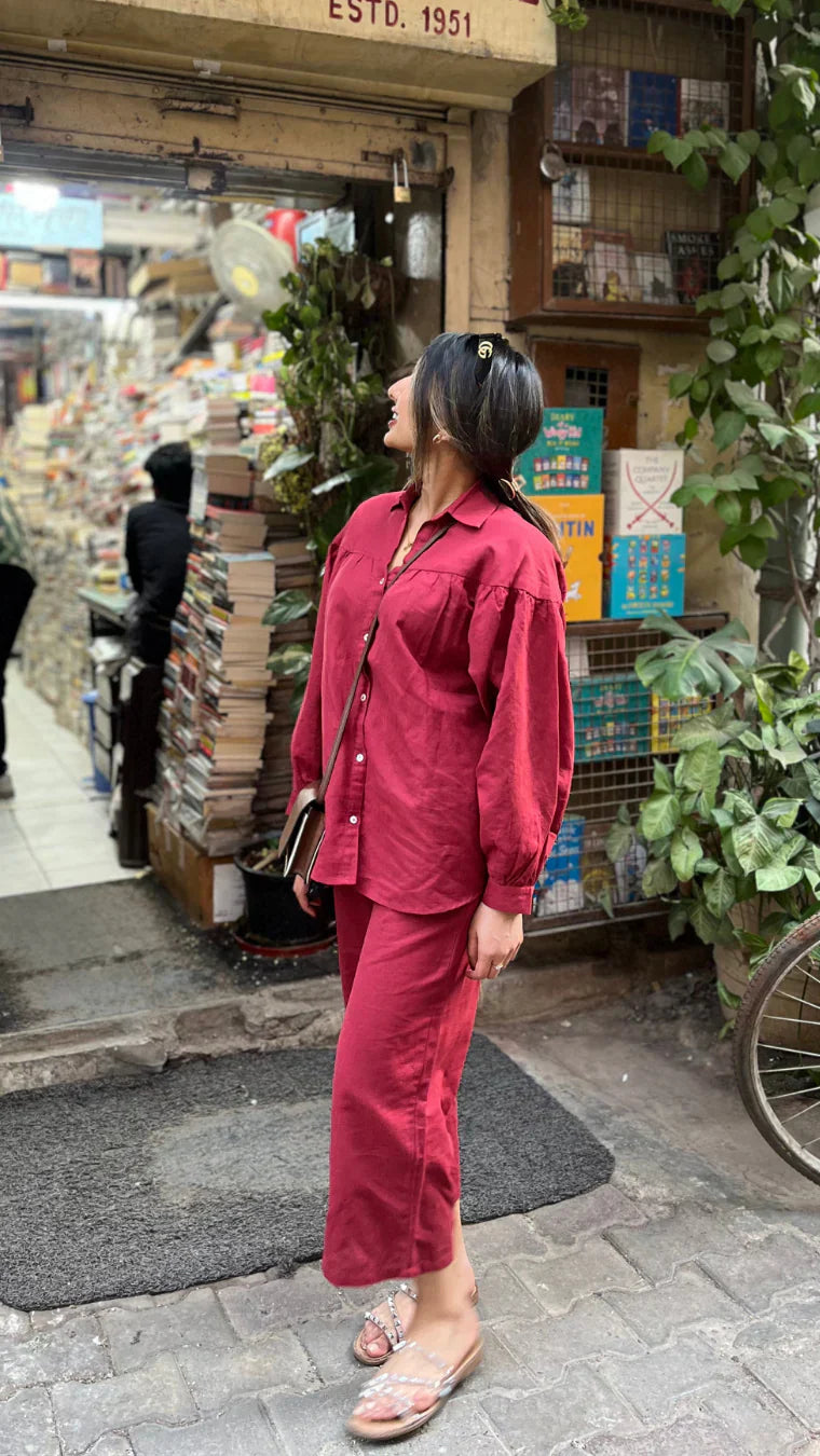 Premium Linen Co-ord Set in Maroon