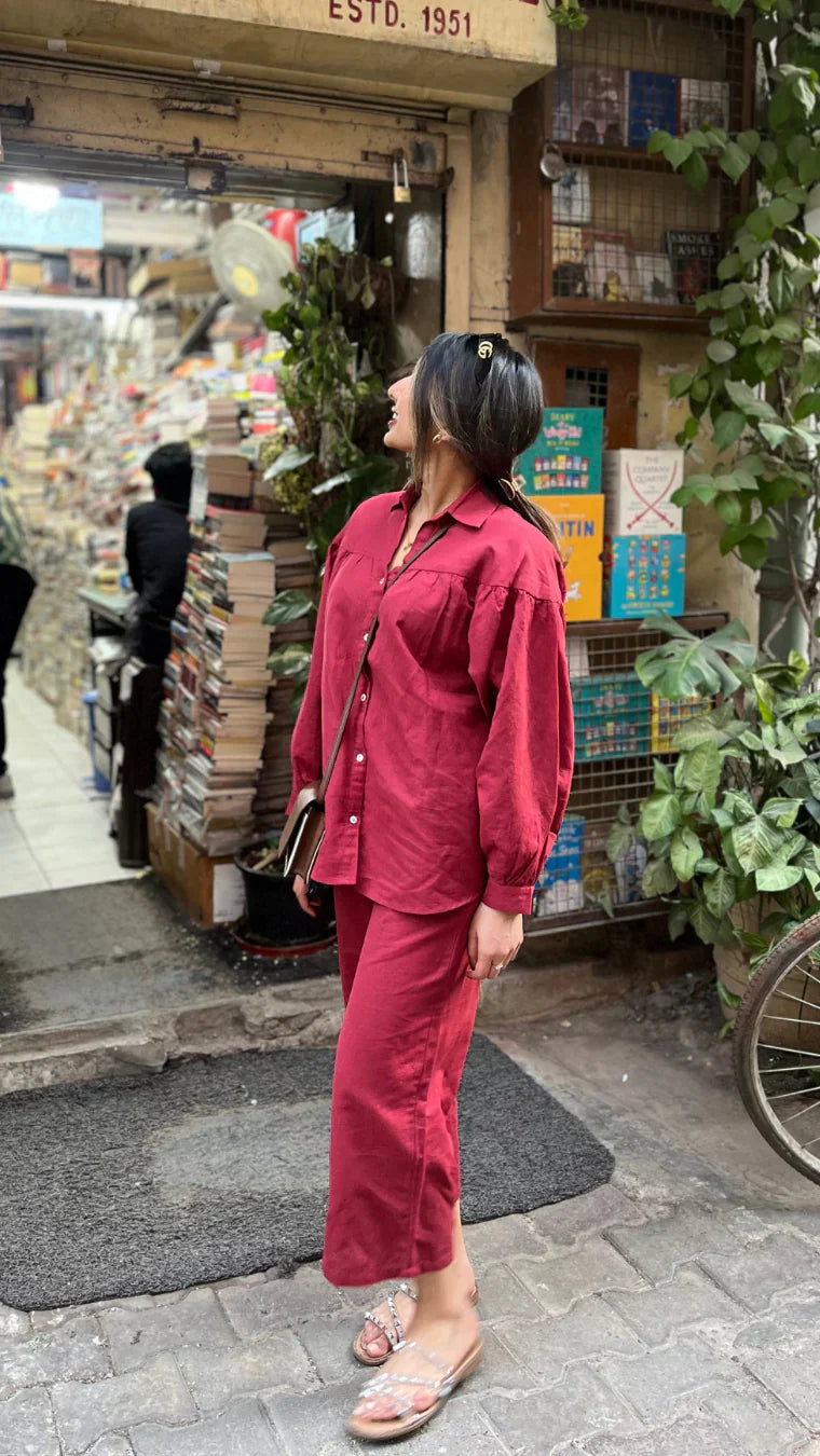 Premium Linen Co-ord Set in Maroon