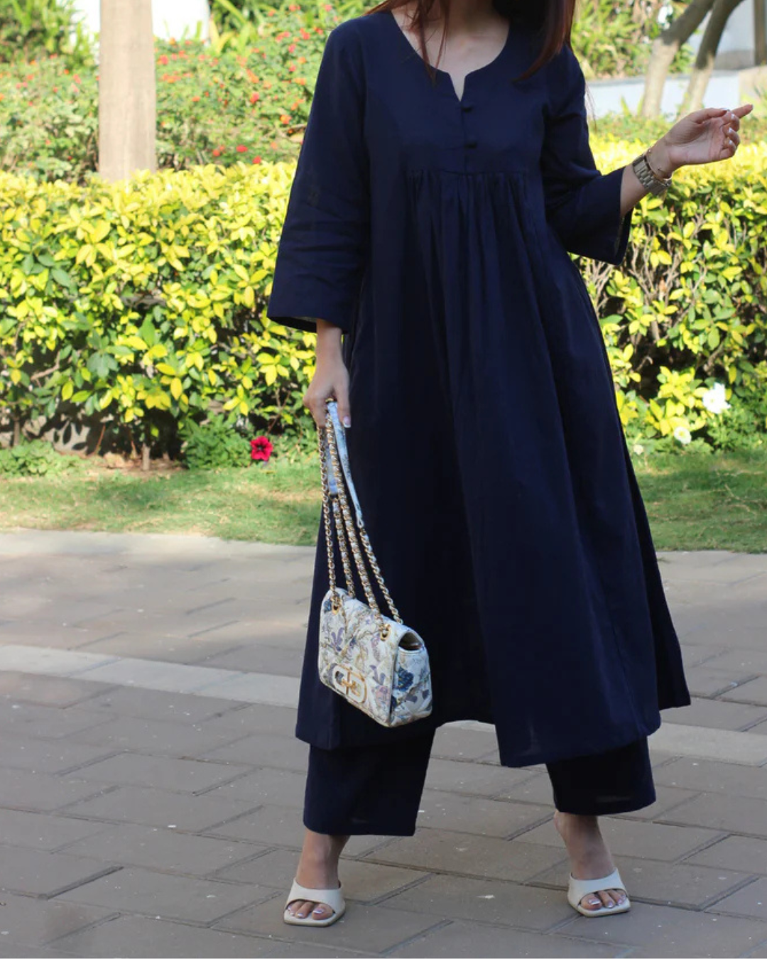 Elegant  Navy blue A-Line Kurta with Matching Pants – Cotton Comfort Wear