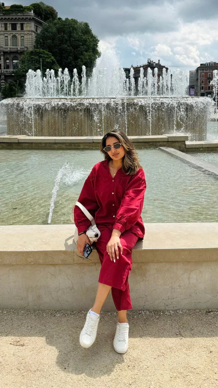 Premium Linen Co-ord Set in Maroon