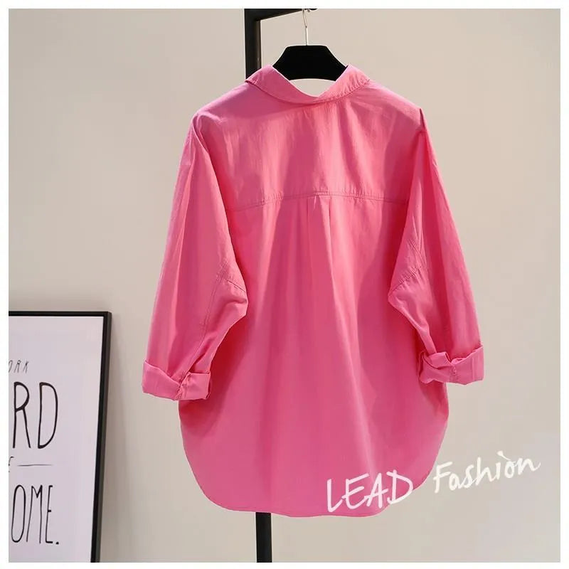 Women's Oversized Pink Casual Button-Down Shirt with Pocket