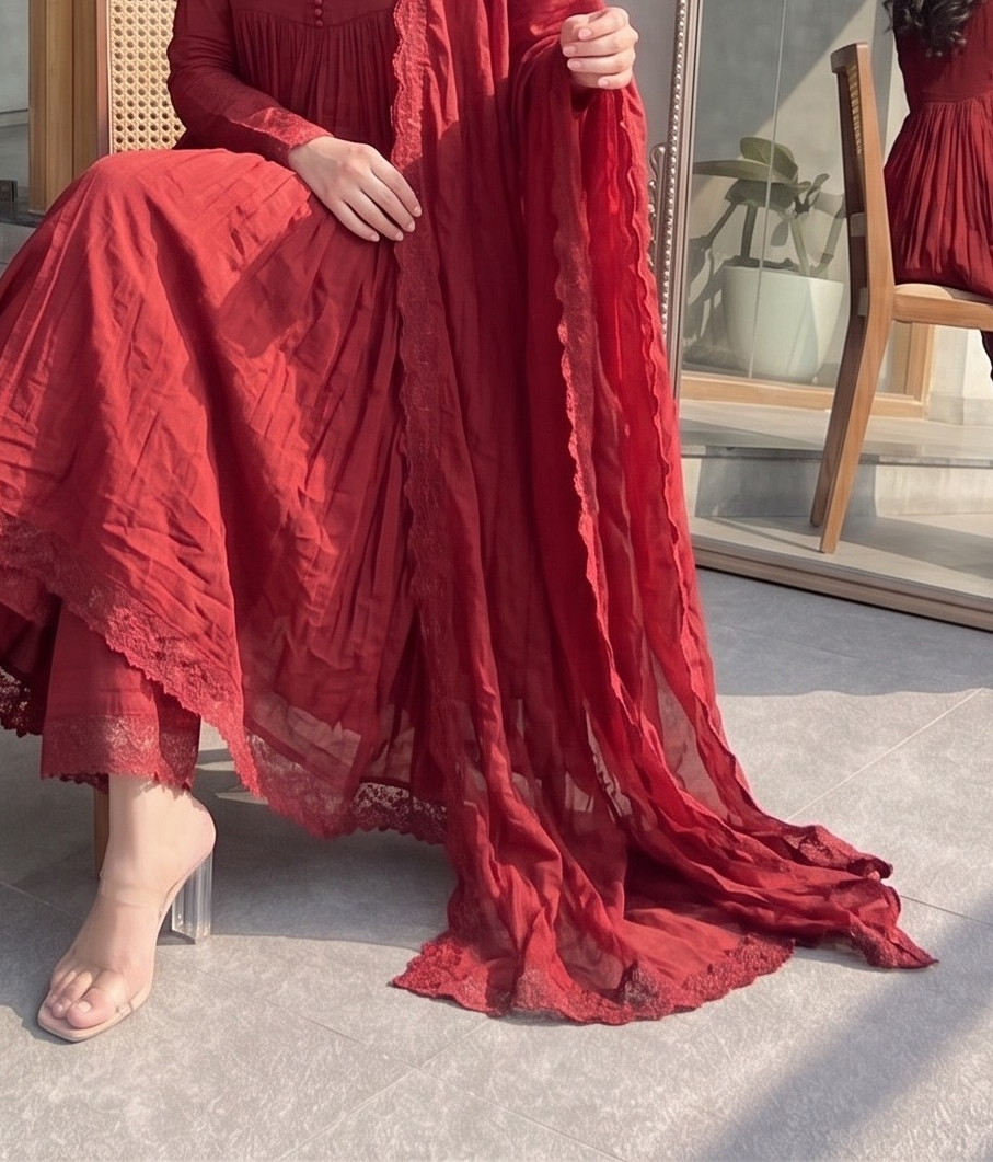 Elegant Wine Red Anarkali Suit Set with Dupatta
