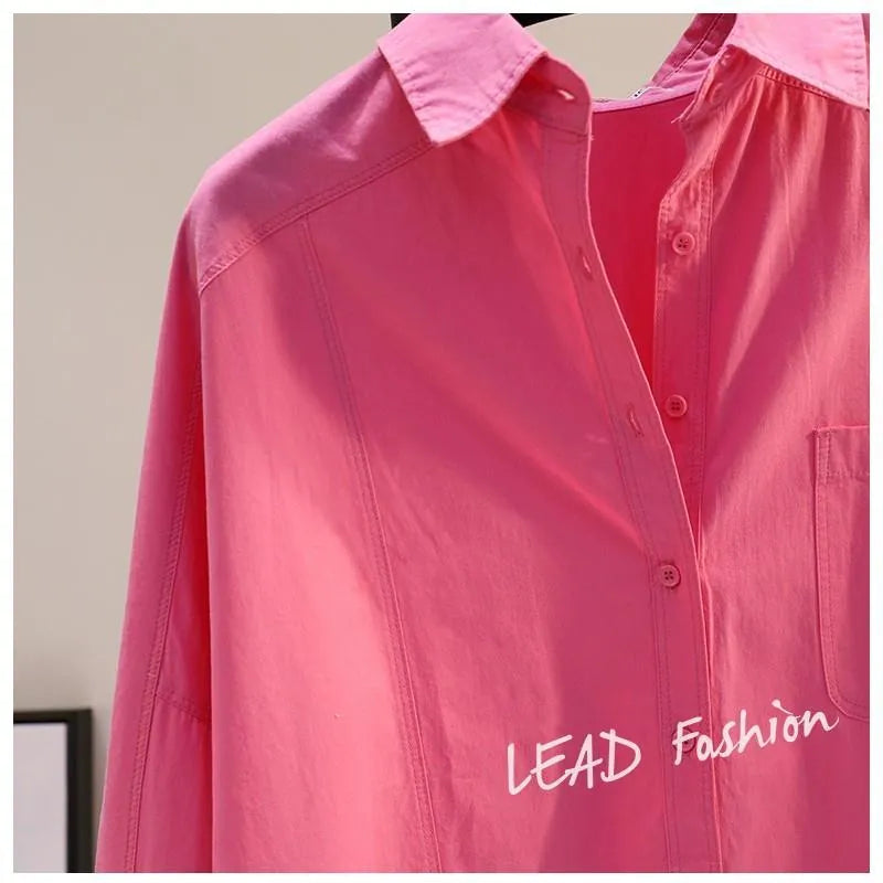 Women's Oversized Pink Casual Button-Down Shirt with Pocket