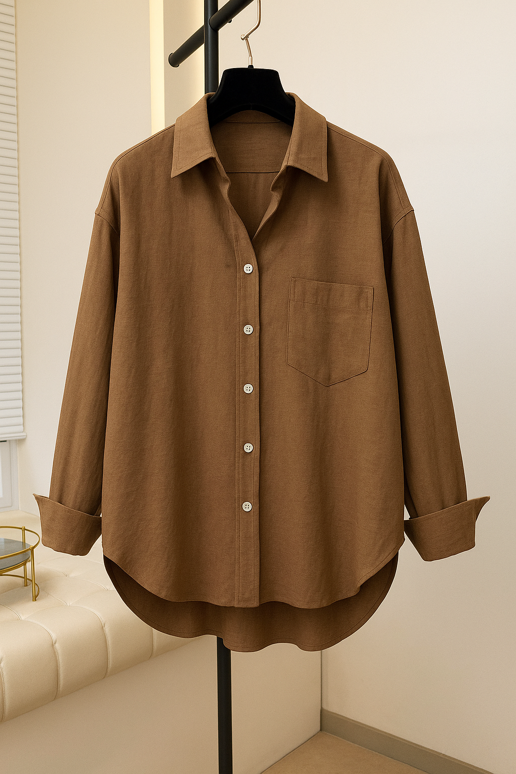 Pocketed Oversized Bamboo Satin Shirt Brown