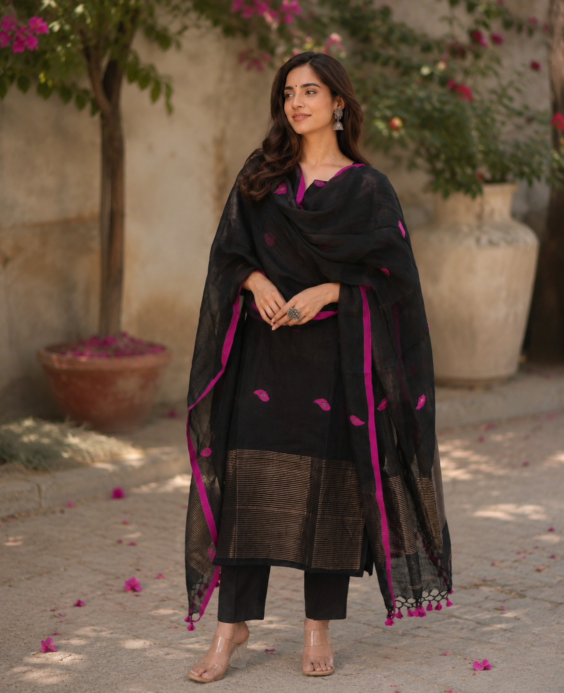Black Magenta Designer jacquard Suit Set with Dupatta