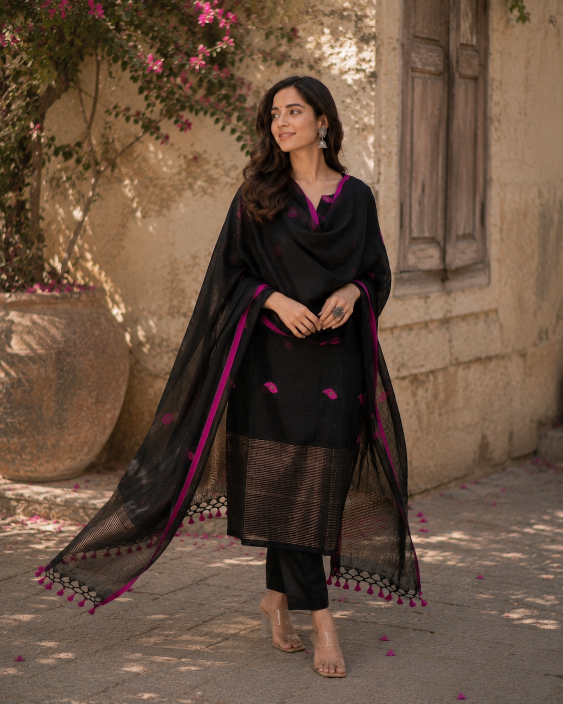 Black Magenta Designer jacquard Suit Set with Dupatta