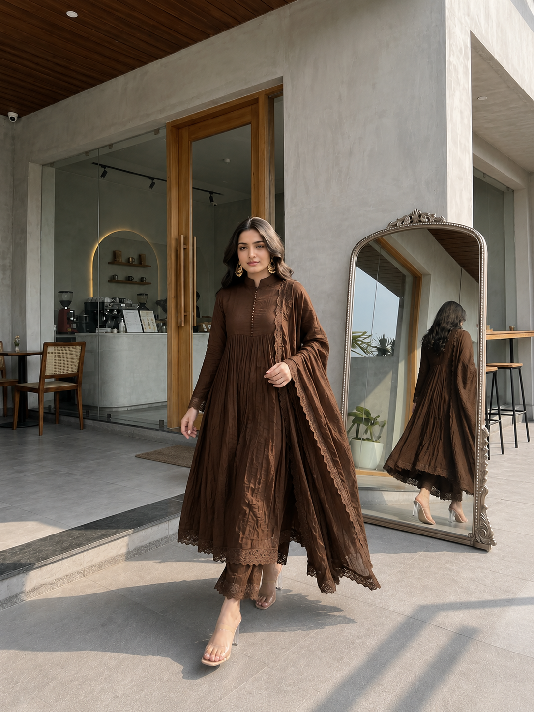 Brown Flared Anarkali Suit Set with Dupatta