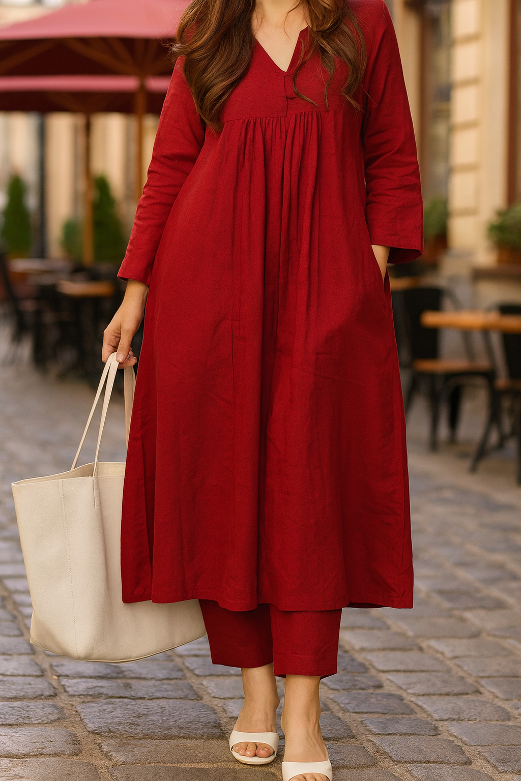 Elegant Maroon A-Line Kurta with Matching Pants – Cotton Comfort Wear