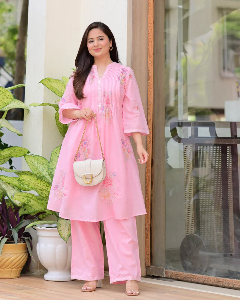 Pink Mul Cotton Threadwork A Line Kurta Set Estima