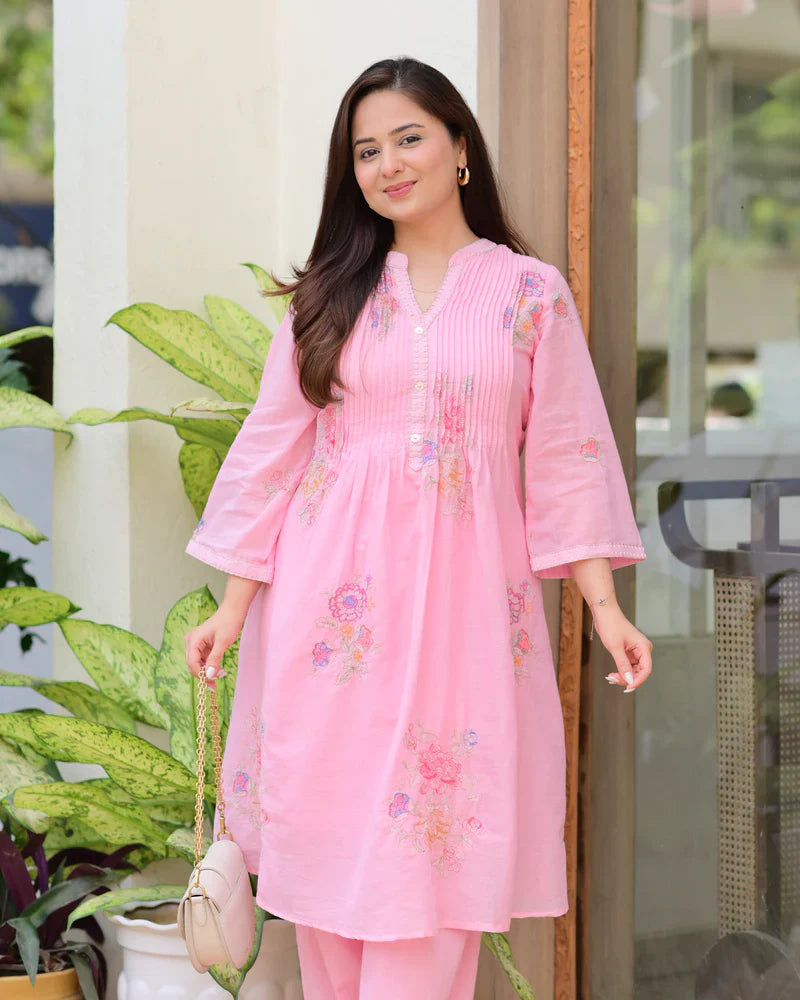 Pink Mul Cotton Threadwork A Line Kurta Set Estima