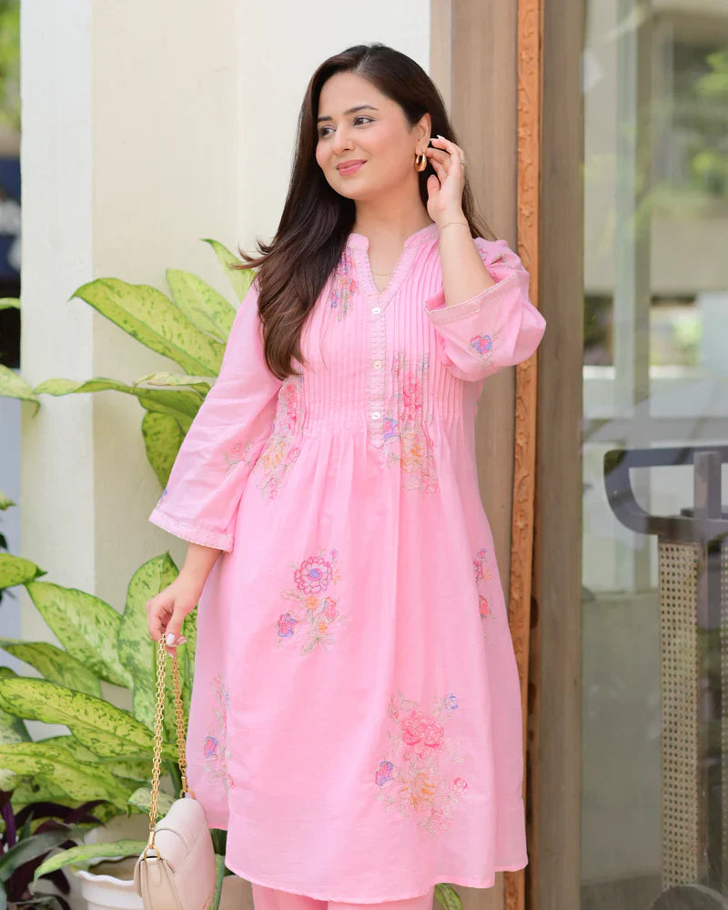 Pink Mul Cotton Threadwork A Line Kurta Set Estima