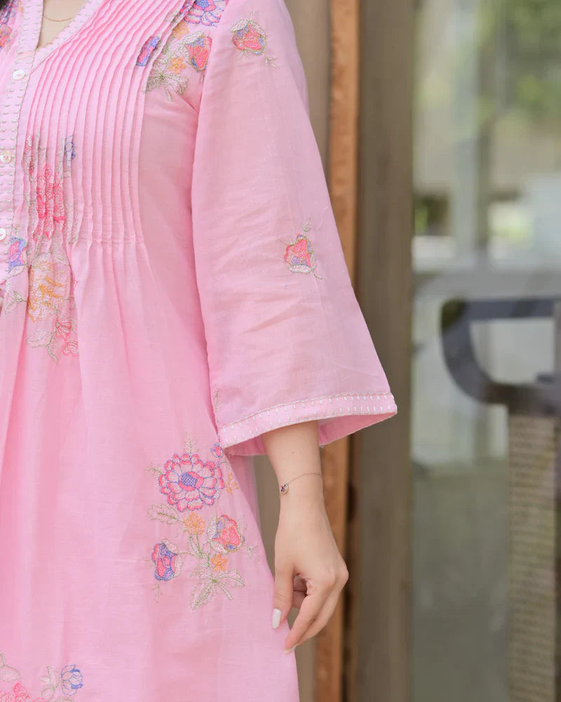 Pink Mul Cotton Threadwork A Line Kurta Set Estima