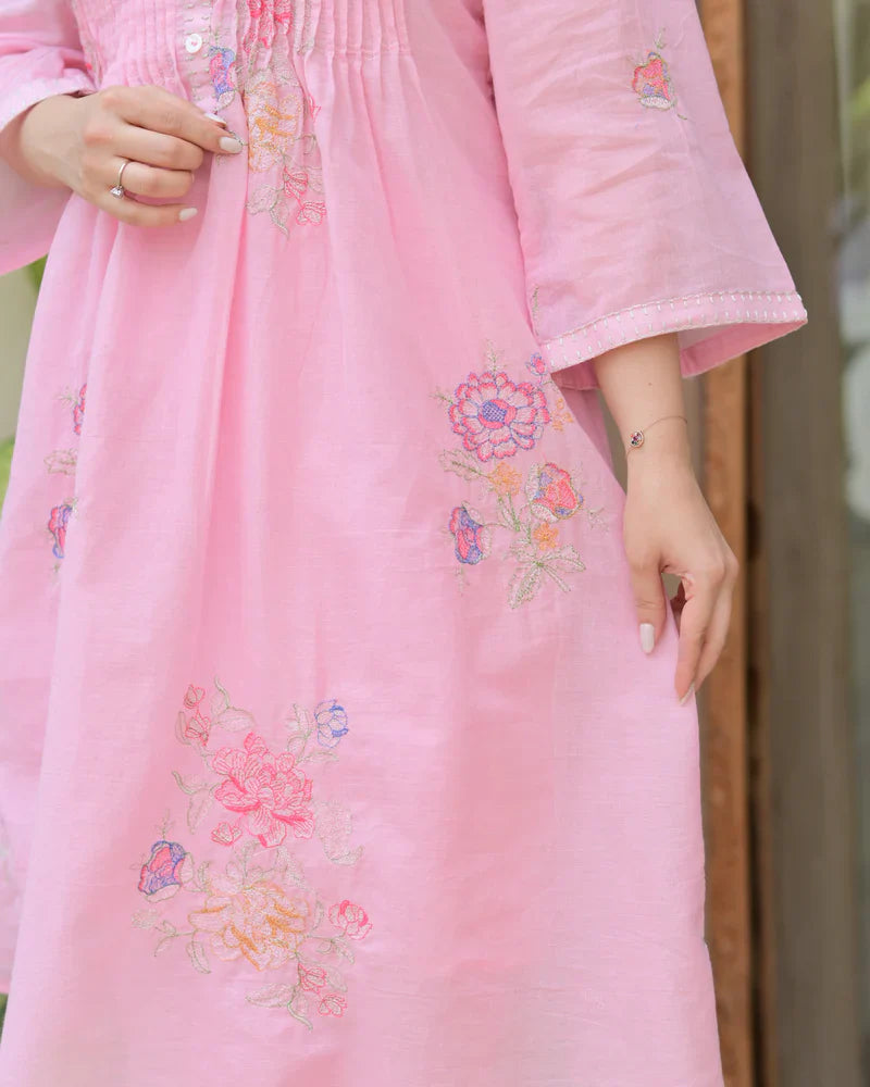 Pink Mul Cotton Threadwork A Line Kurta Set Estima