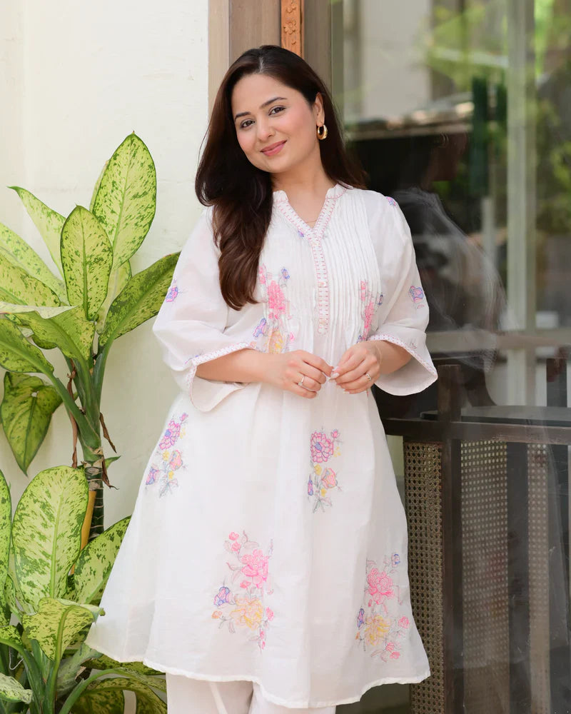 Ivory Mul Cotton Threadwork A Line Kurta Set