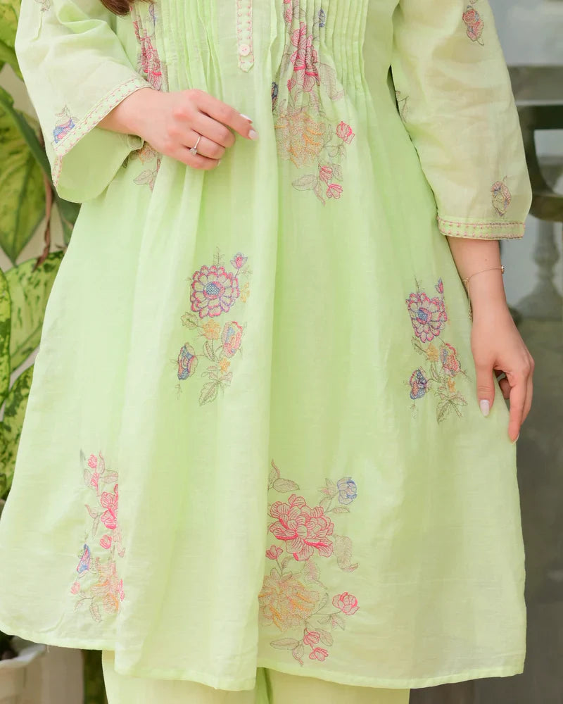 Pista Green Mul Cotton Threadwork A Line Kurta Set