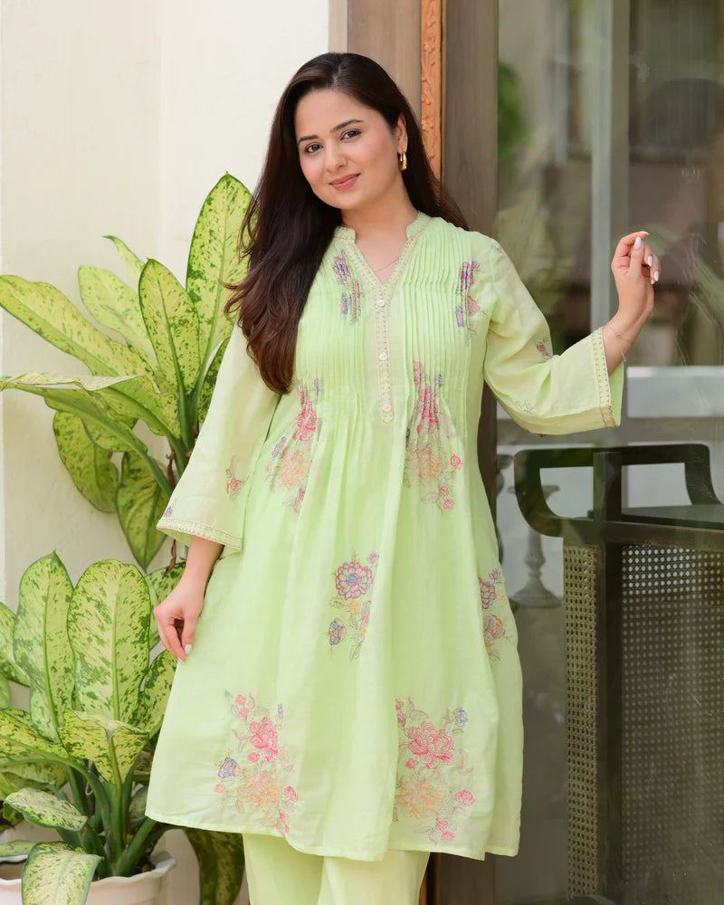 Pista Green Mul Cotton Threadwork A Line Kurta Set