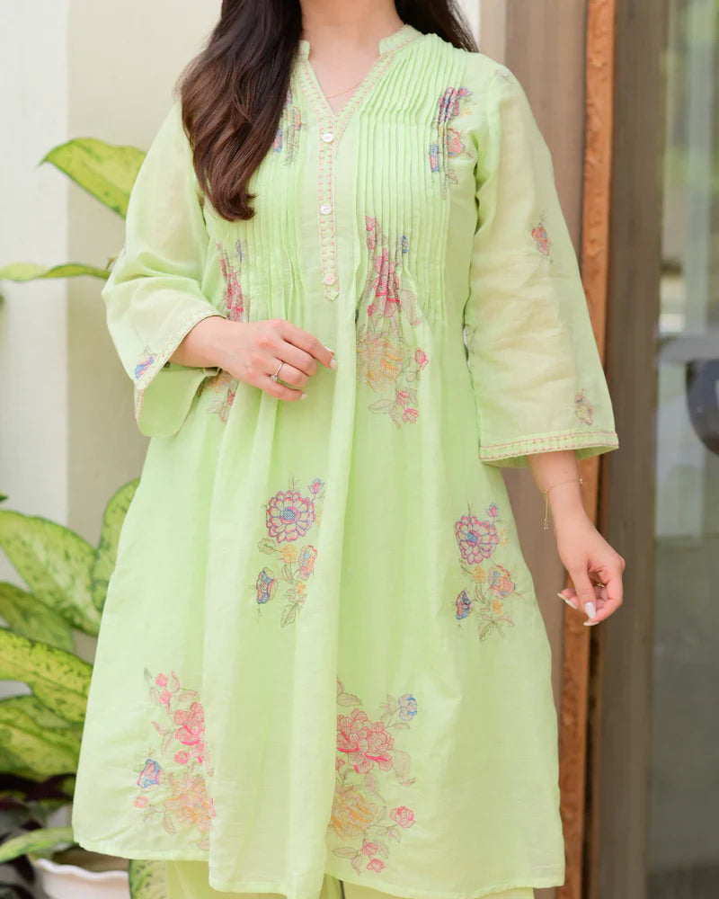 Pista Green Mul Cotton Threadwork A Line Kurta Set