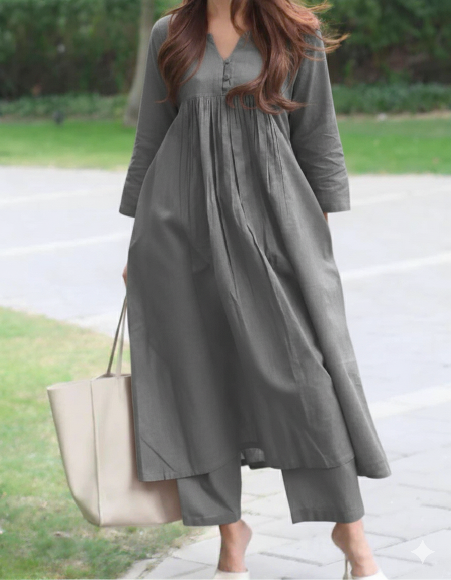 Elegant Gray A-Line Kurta with Matching Pants – Cotton Comfort Wear
