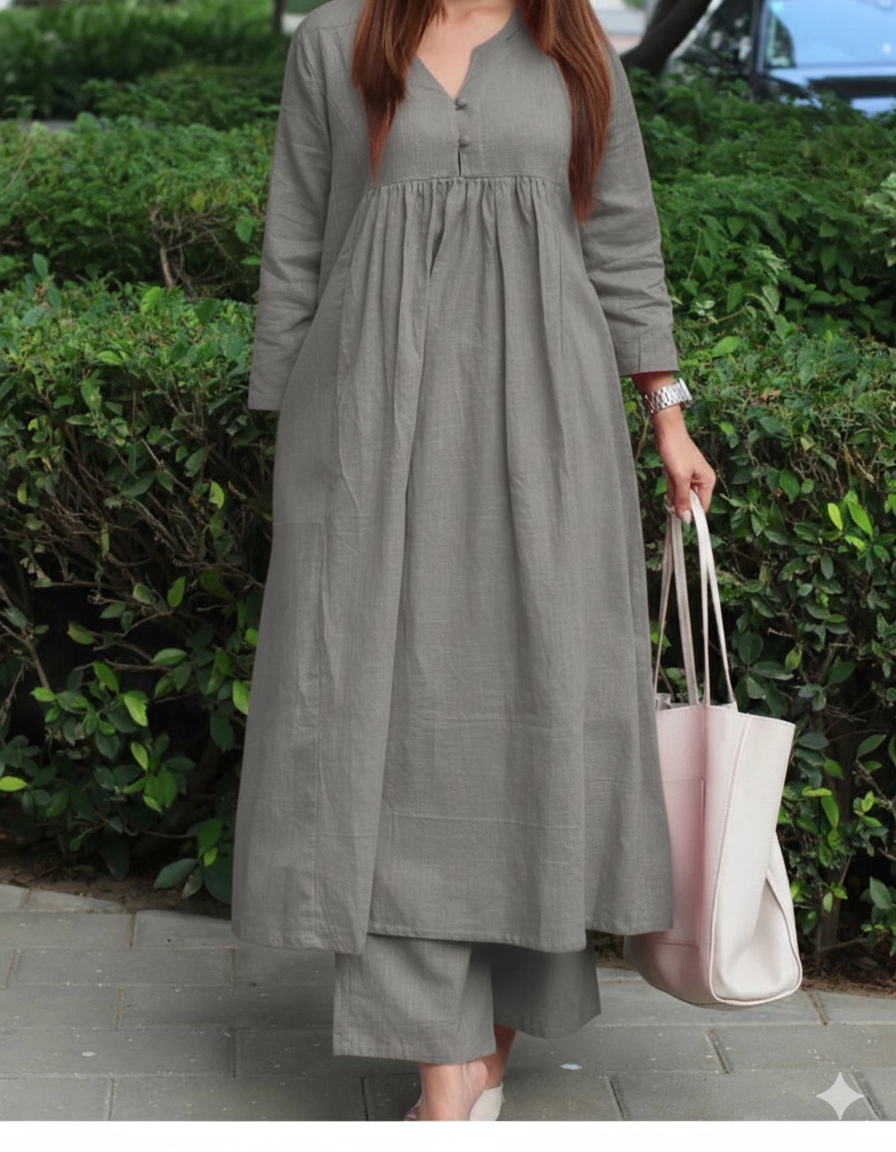 Elegant Gray A-Line Kurta with Matching Pants – Cotton Comfort Wear