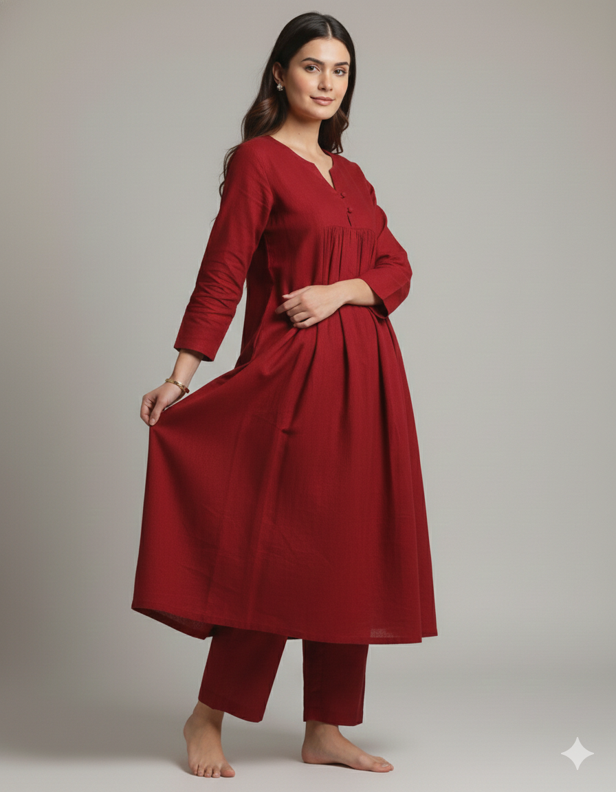 Elegant Maroon A-Line Kurta with Matching Pants – Cotton Comfort Wear