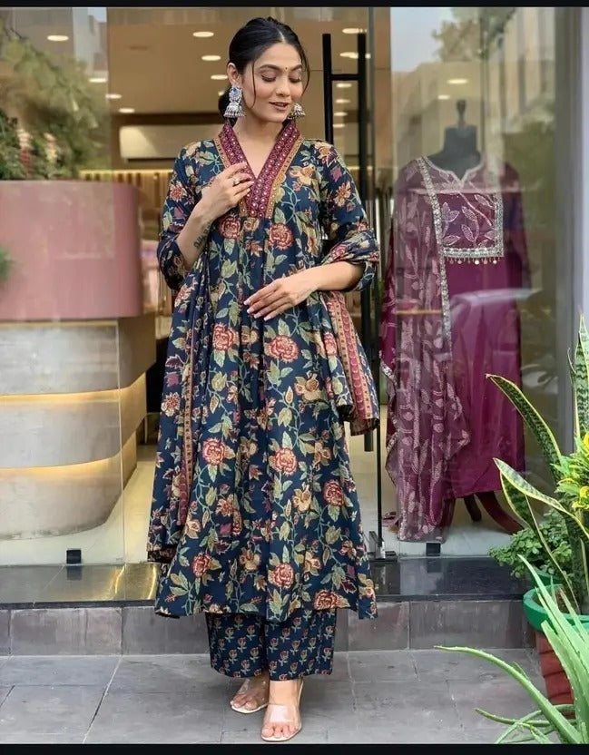 Women's Printed Cotton Anarkali Kurta & Pant With Dupatta Set