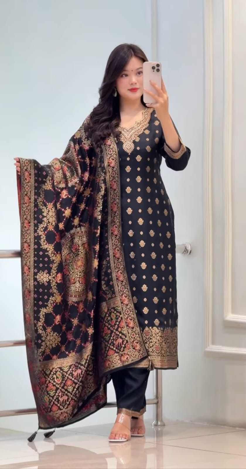 Black Silk Blend Embroidered Kurta Pant Set with Dupatta for Women