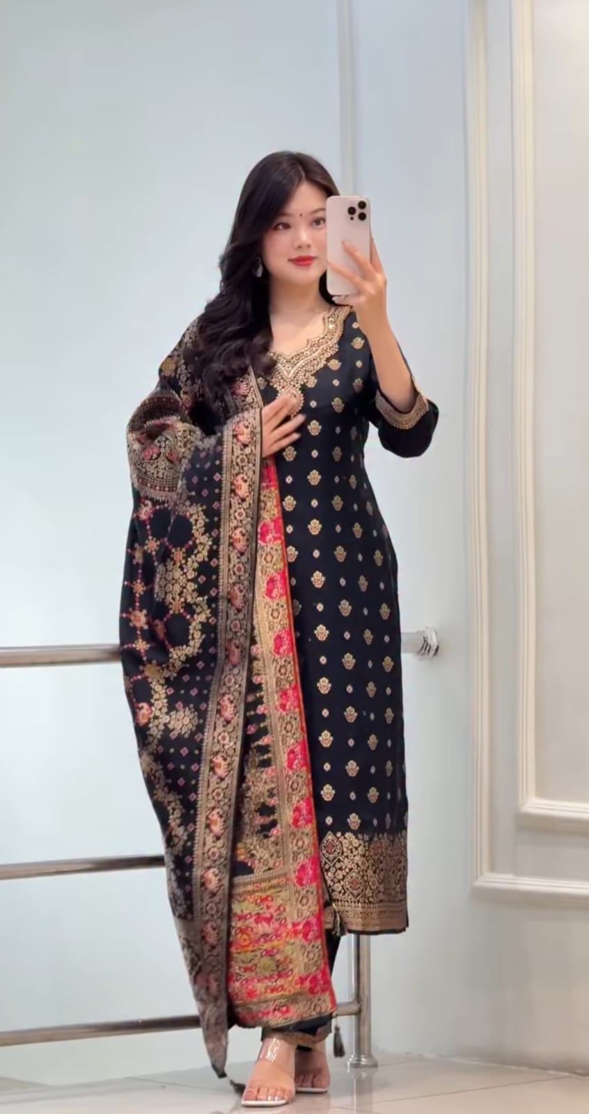 Black Silk Blend Embroidered Kurta Pant Set with Dupatta for Women