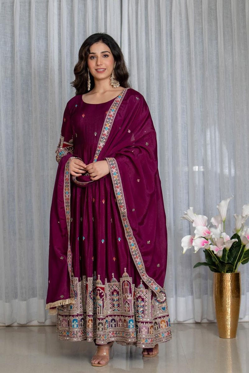 Wine Maroon Embroidered Anarkali Suit Set with Dupatta