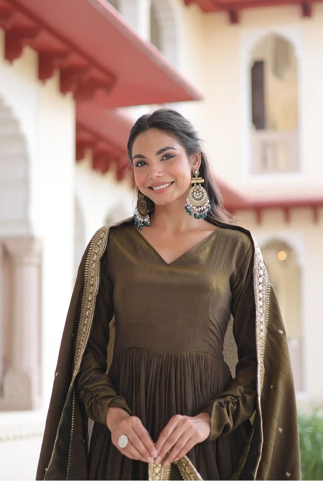 Elegant Olive Ethnic Anarkali Set for Women