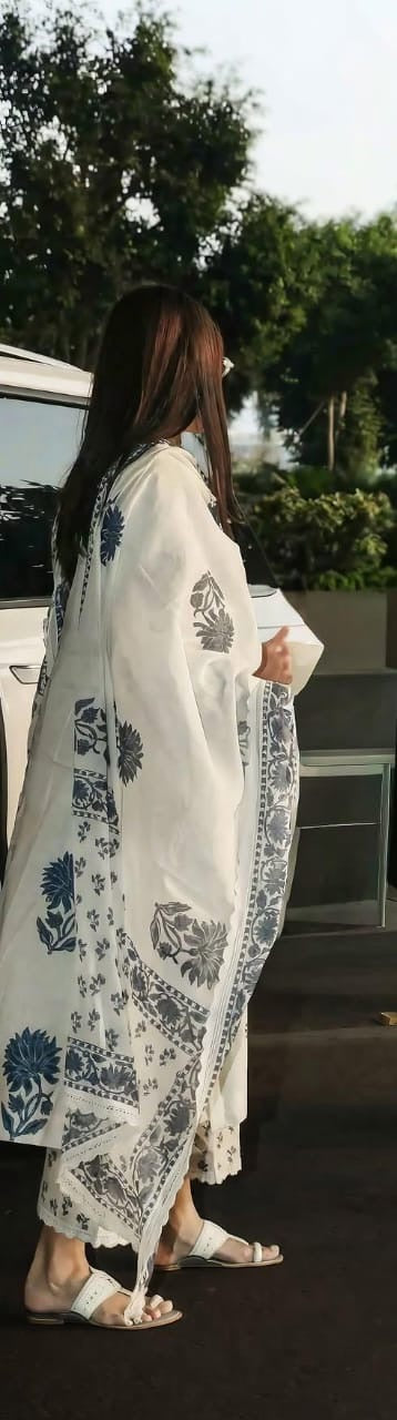 Elegant White & Blue Floral Printed Kurta Set with Dupatta