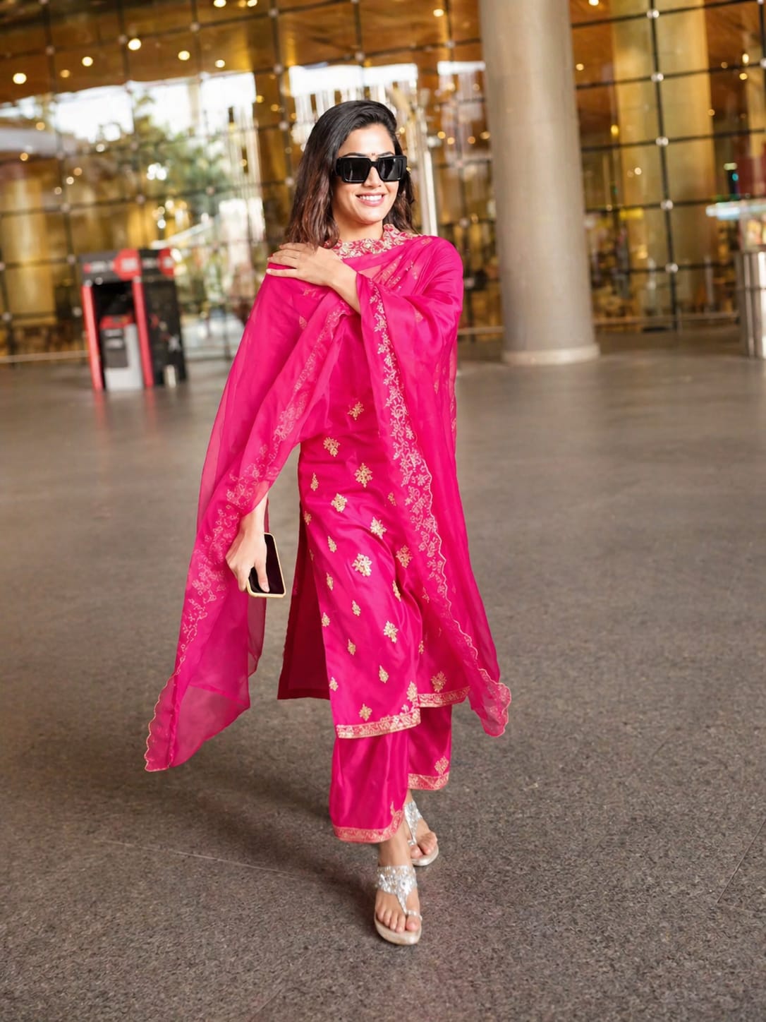 Women’s Hot Pink Embroidered Kurta Palazzo Dupatta Set