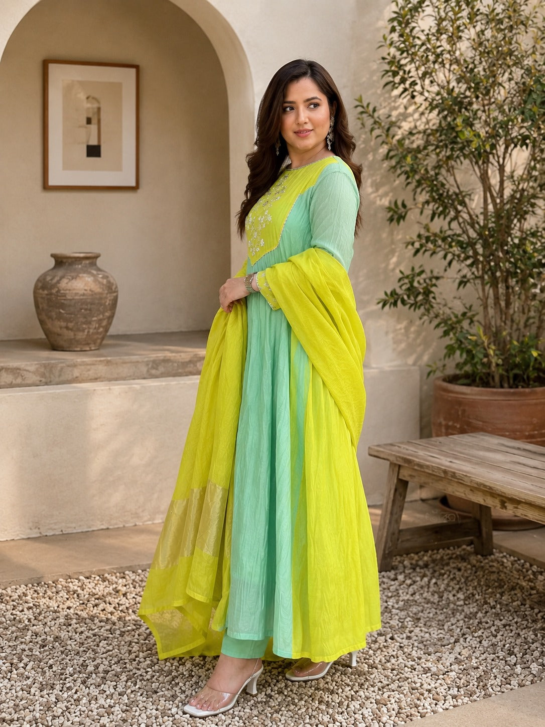 Lime Aqua Anarkali Set