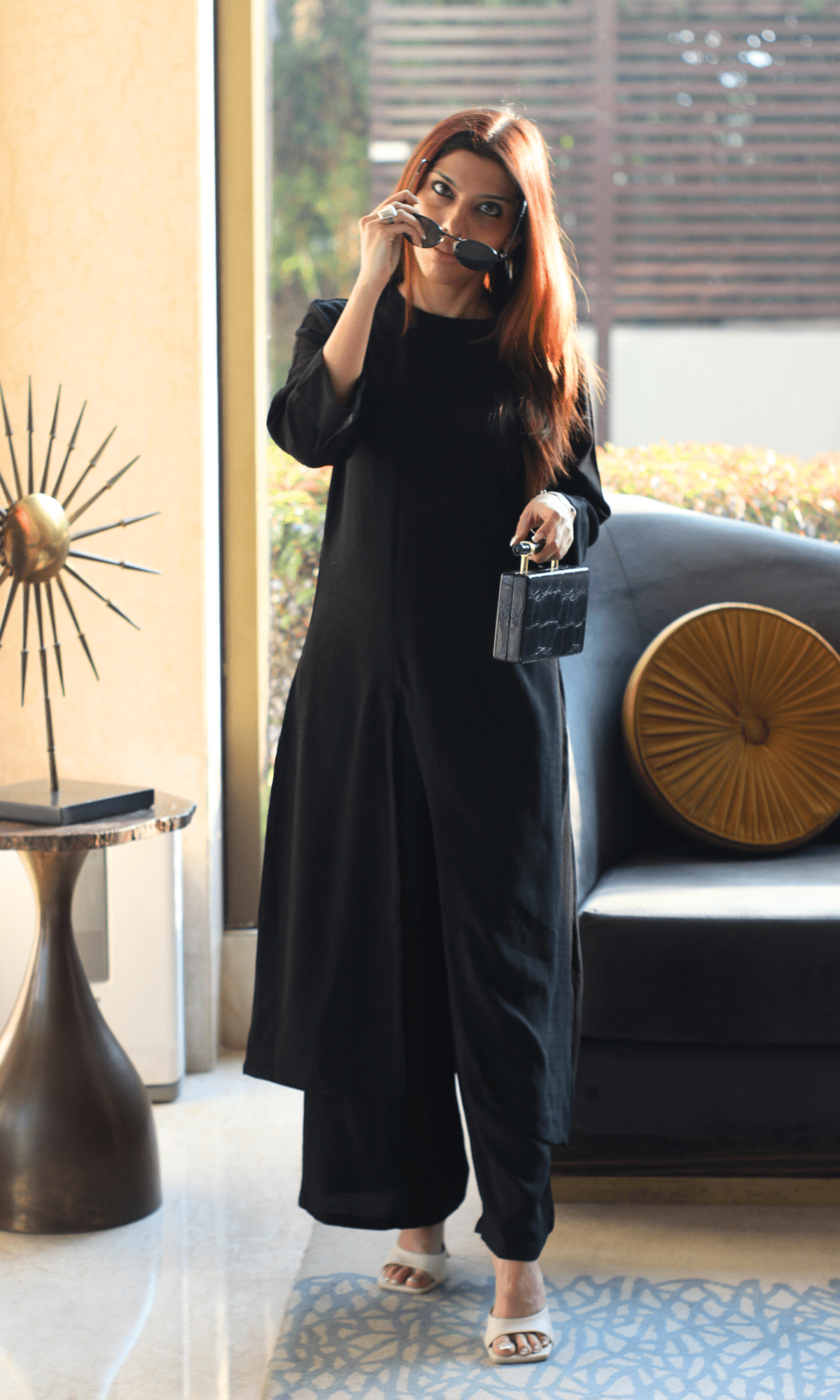 Black Boat Neck Front Slit Textured Co-ord