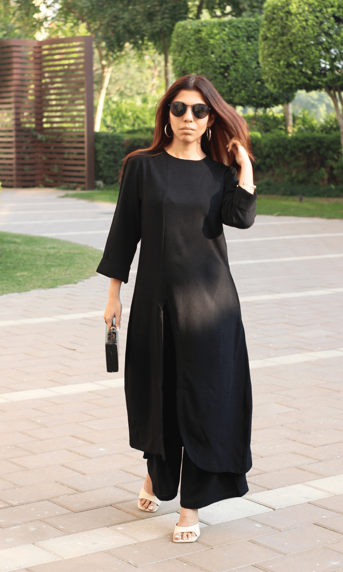 Black Boat Neck Front Slit Textured Co-ord
