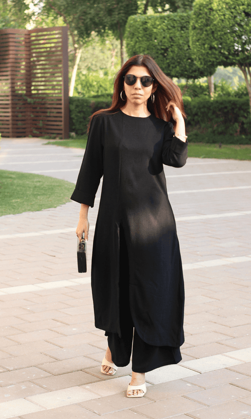 Black Boat Neck Front Slit Textured Co-ord