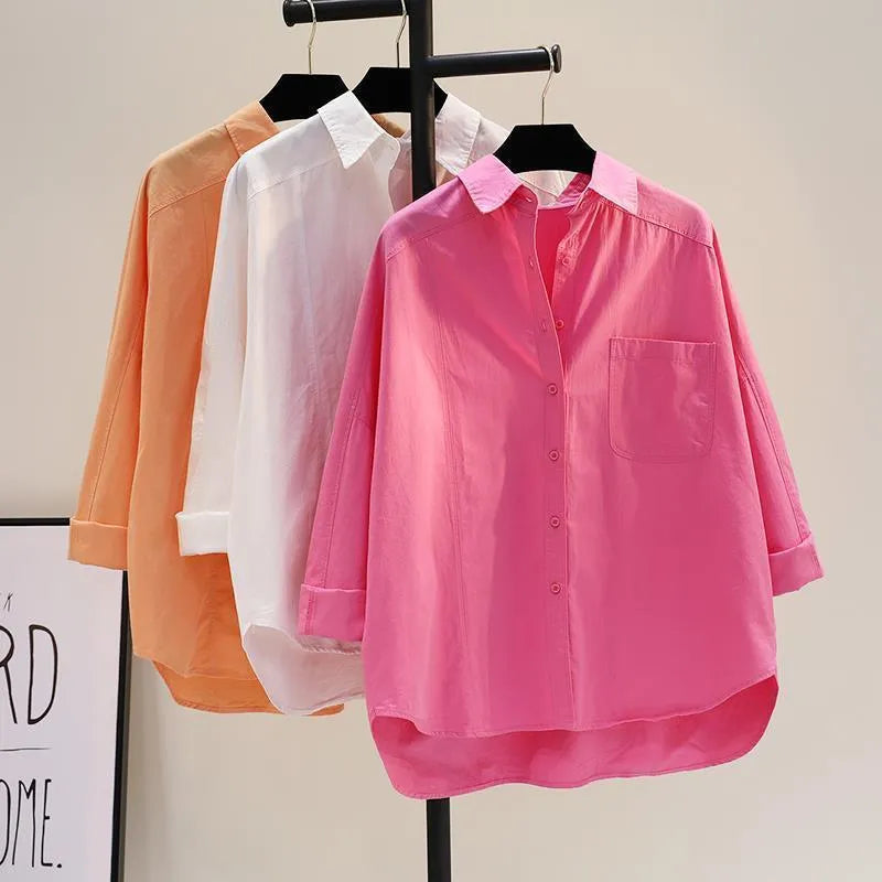 Women's Oversized Pink Casual Button-Down Shirt with Pocket