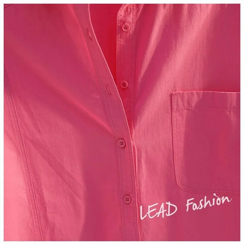Women's Oversized Pink Casual Button-Down Shirt with Pocket