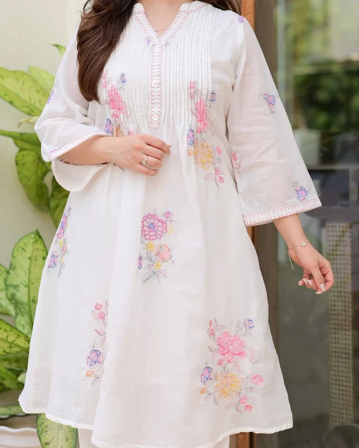 Ivory Mul Cotton Threadwork A Line Kurta Set