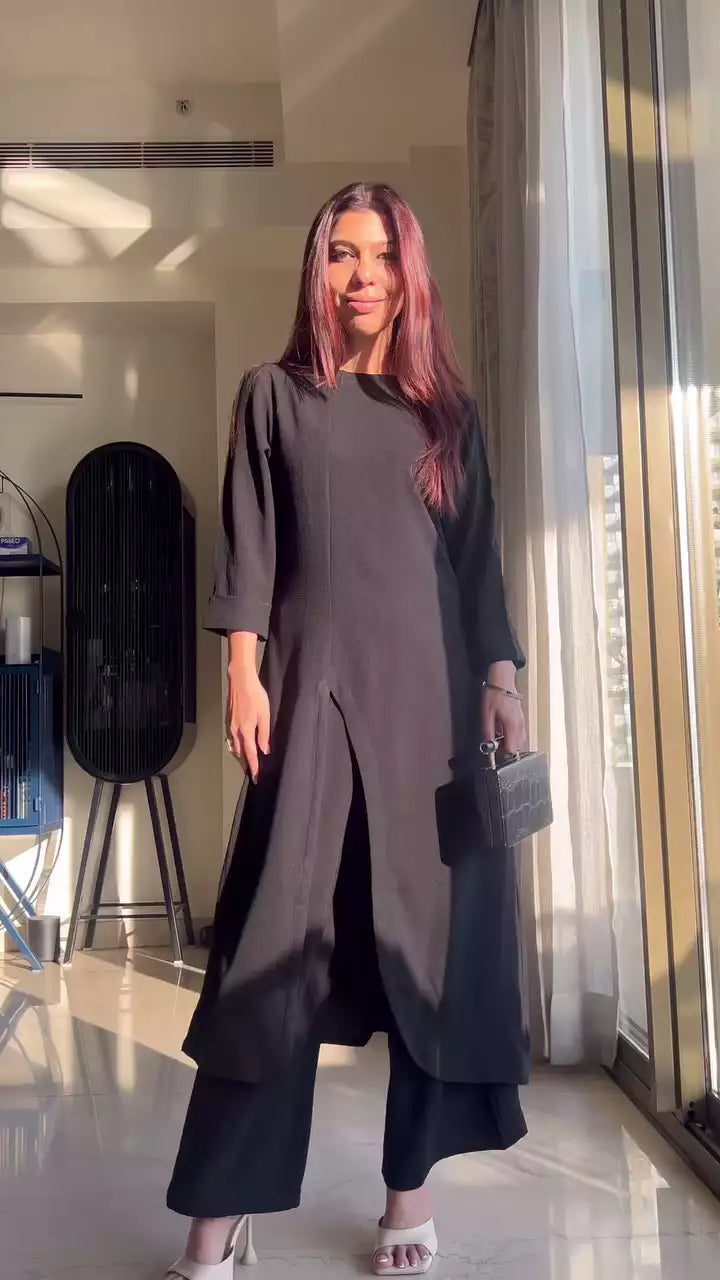 Black Boat Neck Front Slit Textured Co-ord